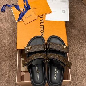 Louis Vuitton Black and Brown Monogram Slides